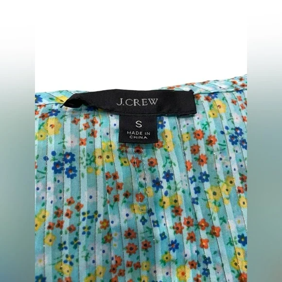 J. Crew Ruffle Blouse Aqua Metallic Floral Field Day Print Size Small - Picture 3 of 8